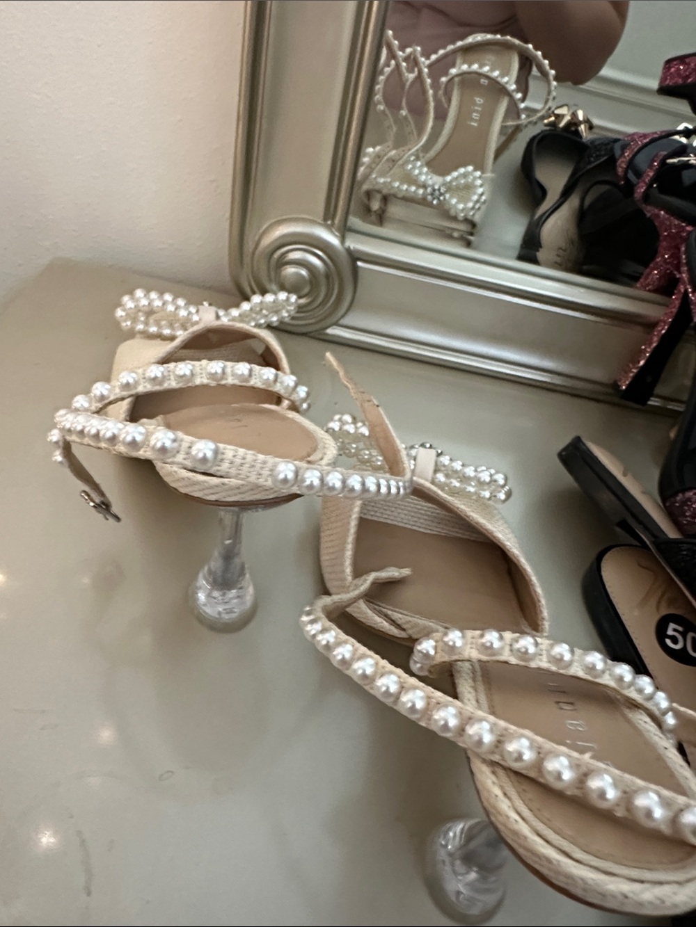 Gianni Bini Cream Pearl-Embellished Bow Heels - Picture 5 of 5